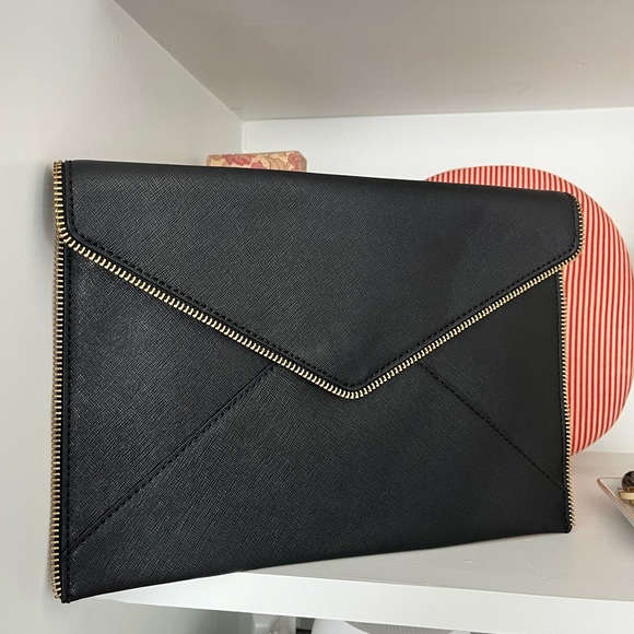 Rebecca Minkoff Handbags - REBECCA MINKOFF WOMEN’S ZIPPER LEATHER ENVELOPE LEO CLUTCH PURSE BLACK